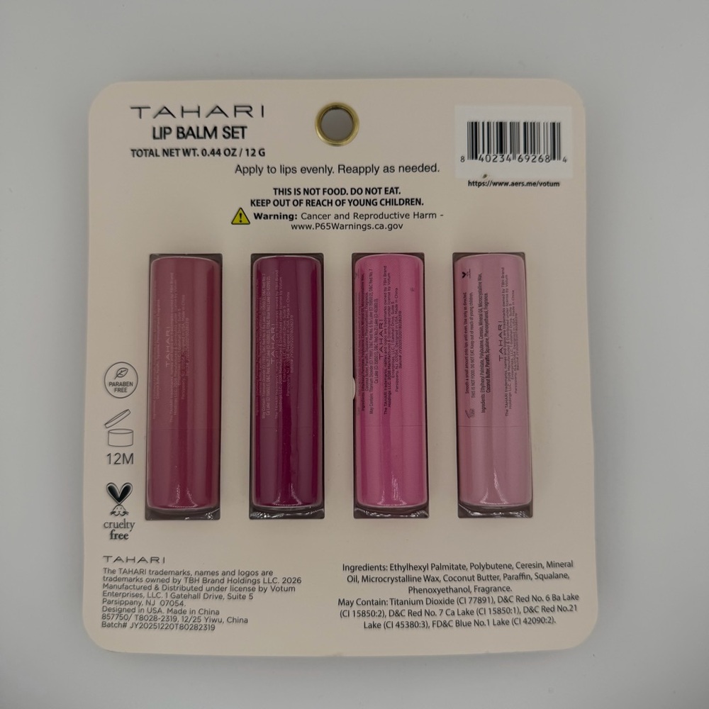 TAHARI Moisturizing Scented Lip Balm Set of 4 - Vanilla Rose Berry Coconut - Picture 4 of 8